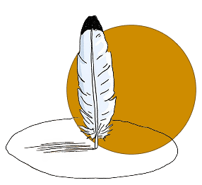 Illustration of a white feather standing before a golden sun